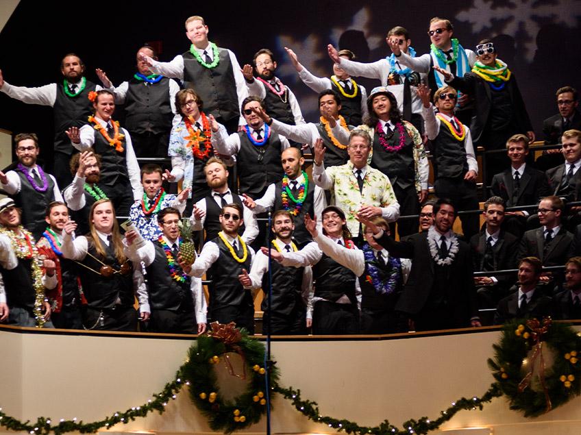 University Basso Choir performing with Hawaiian leis
