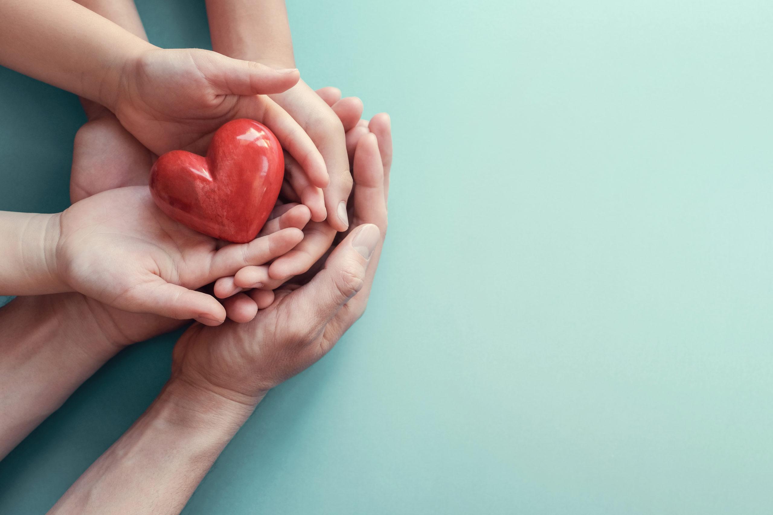adult and child hands holding red heart on aqua background, heart health, 捐赠, 企业社会责任概念, world heart day, world health day, 家庭日