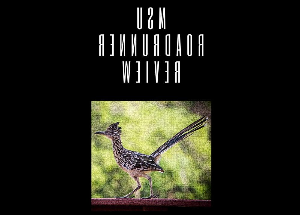 Cover of the sixth issue of the MSU Road Runner Review Literary Magazine. Black background with an image of a roadrunner on the front.