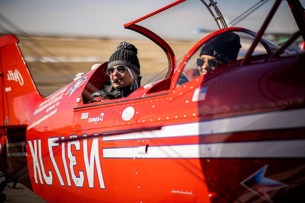 Dagmar Kress, Lecturer and Aerobatics Team Coach at MSU Denver Aviation and Aerospace Department and MSU Denver student, Haley Jo Brinson, return from a practice flight on Feb. 12, 2022 at Fort Morgan Municipal Airport. Photo by Alyson McClaran